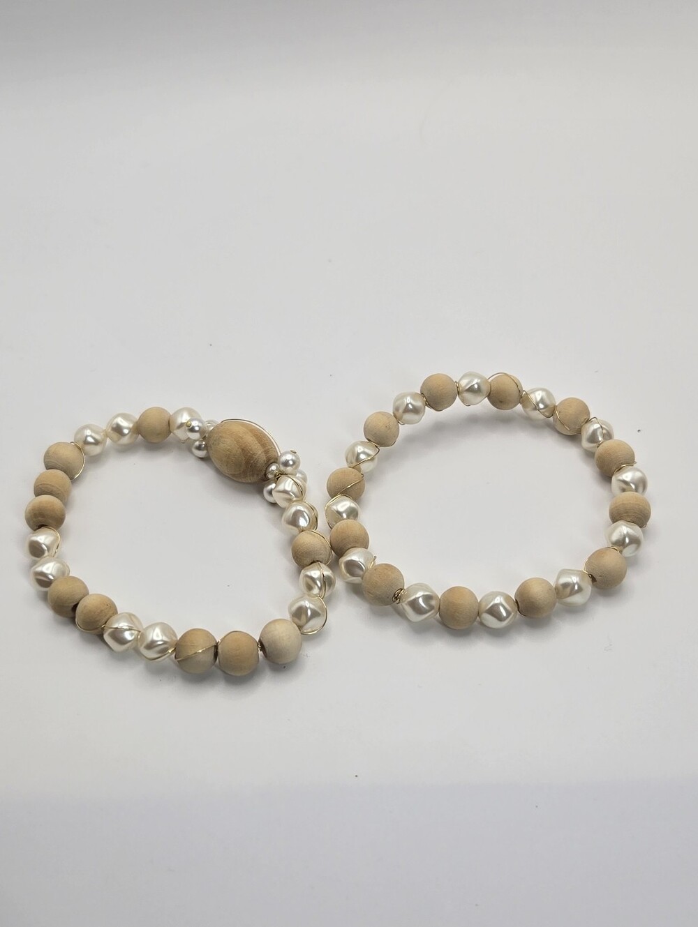 Wood Bead Braclet With Wire Wrap And Faux Pearls Handmade Jewlery